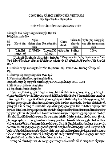 SKKN Nâng cao chất lượng dạy học môn Toán Lớp 3 bằng ứng dụng công nghệ thông tin và chuyển đổi số tại Lớp 3B Trường Tiểu học Cù Vân